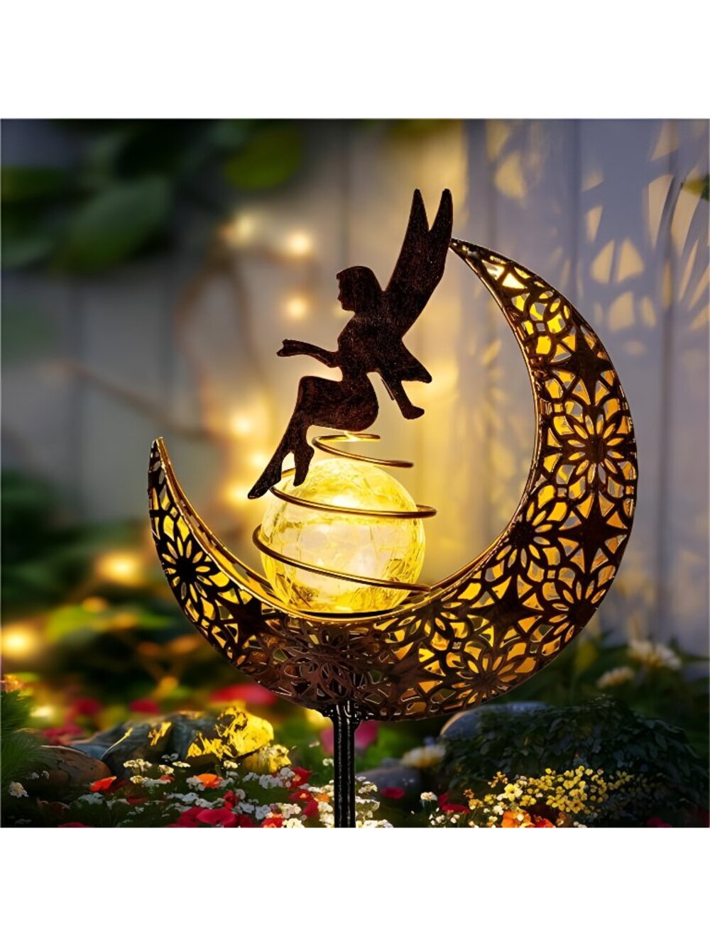 Fairy Garden Solar Lights Outdoor Moon Stakes, Waterproof Outdoor Metal Decor